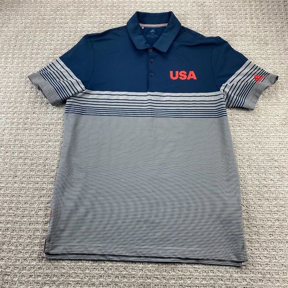 Adidas Golf Shirt Men Medium M Gray Navy Blue Striped Team USA Activewear Polo - Picture 1 of 10